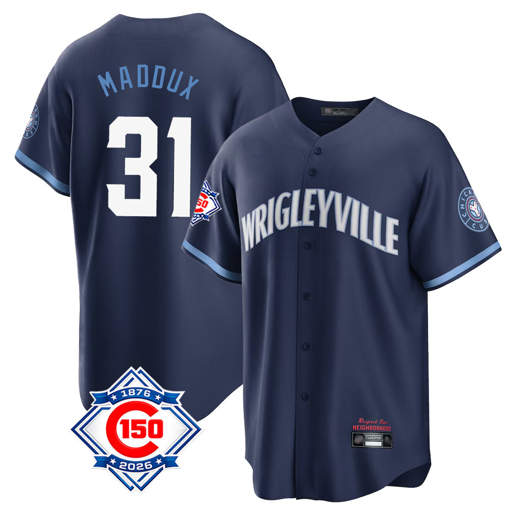 Chicago Cubs #31 Greg Maddux Player Navy BFRAILEY 150th Anniversary City Connect Home Game Stitched Jerseys