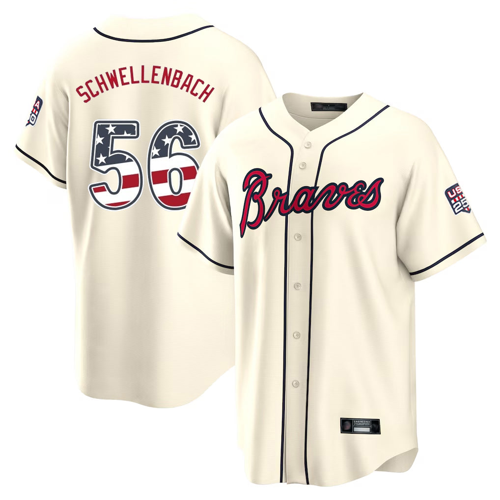 Atlanta Braves #56 Spencer Schwellenbach Player Cream BFRAILEY USA 250 Fourth Of July Limited Home Game Stitched Jerseys