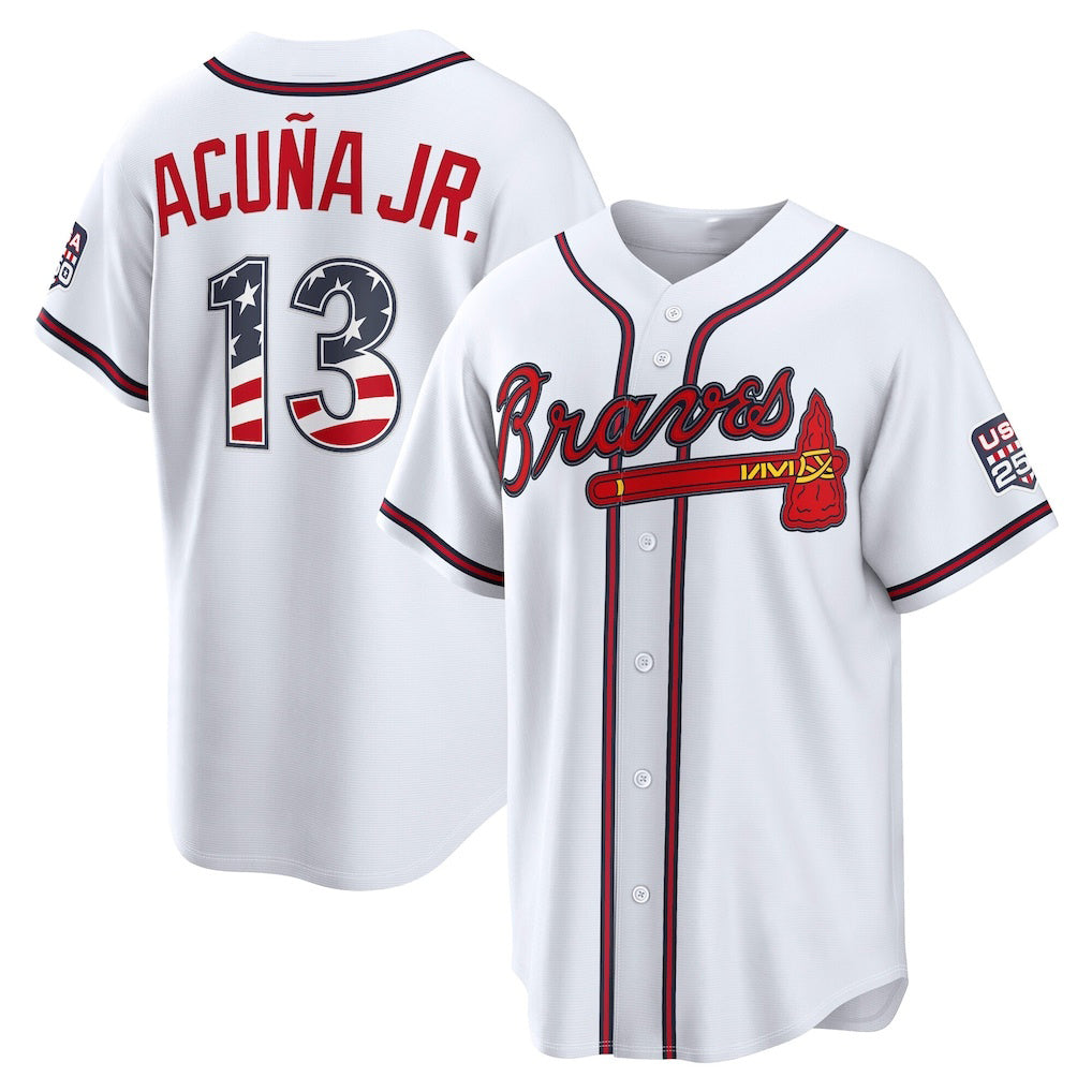 Atlanta Braves #13 Ronald Acu?a Jr. USA 250 Fourth of July Home Stadium Jersey - White BFRAILEY