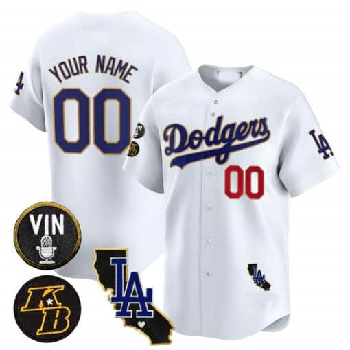 Custom Los Angeles Dodgers Vin Patch & Kobe Bryant Gold Trim Vapor Premier Limited Jersey V2 ¨C White BFRAILEY