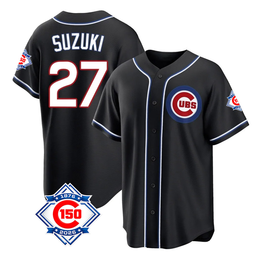 Chicago Cubs #27 Seiya Suzuki Player Black BFRAILEY Fashion Out 150th Anniversary Game Stitched Jerseys