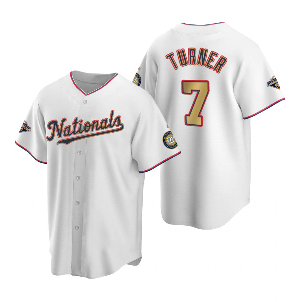 Washington Nationals #7 Trea Turner White Gold BFRAILEY 2019 World Series Champions Stitched Cool Base Jersey