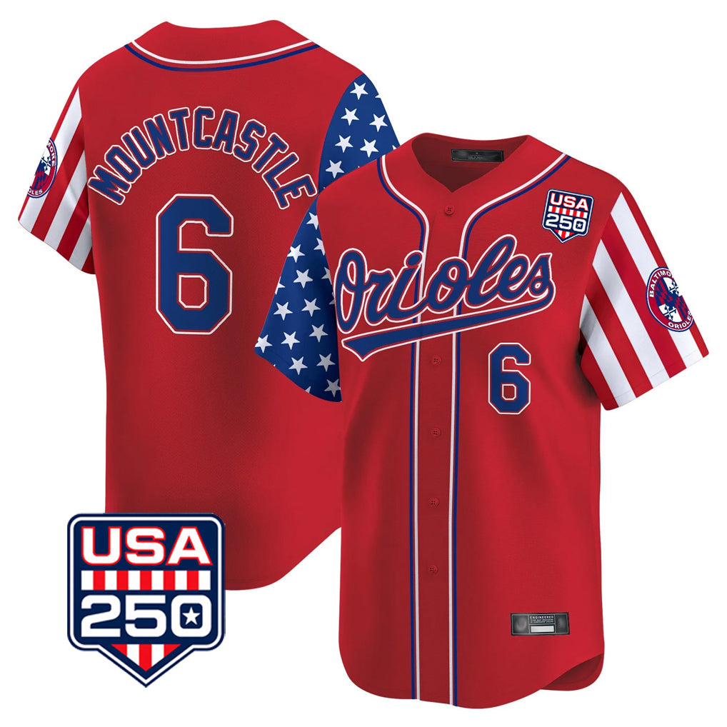 Baltimore Orioles #6 Ryan Mountcastle Player Red BFRAILEY USA 250 Independence Day Vapor Premier Limited Home Game Stitched Jerseys
