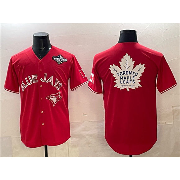 Toronto Blue Jays & Leafs Red BFRAILEY 2025 World Series With White Leafs Logo Cool Base Stitched Jersey
