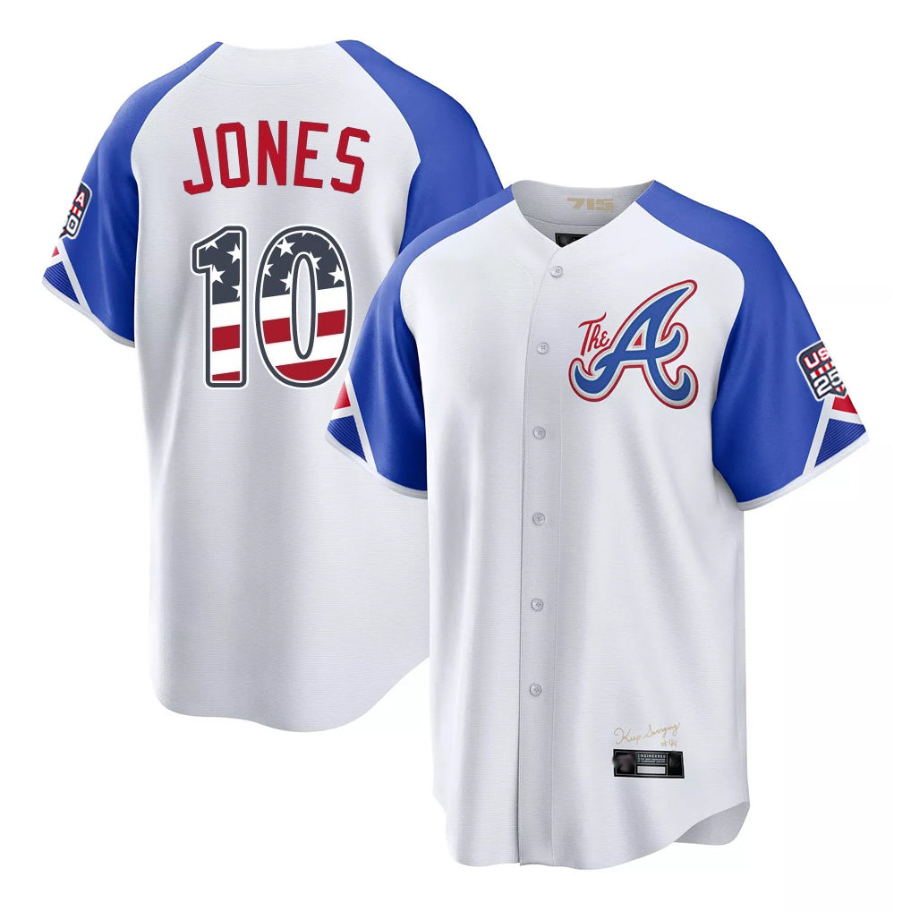 Atlanta Braves #10 Chipper Jones Player White BFRAILEY USA 250 Fourth Of July City Connect Home Game Stitched Jerseys