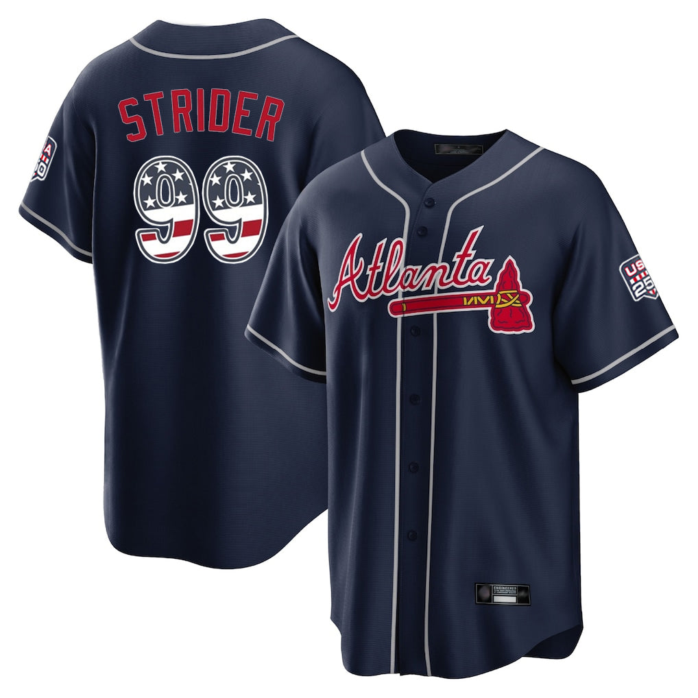 Atlanta Braves #99 Spencer Strider Player Navy BFRAILEY USA 250 Fourth Of July Limited Home Game Stitched Jerseys