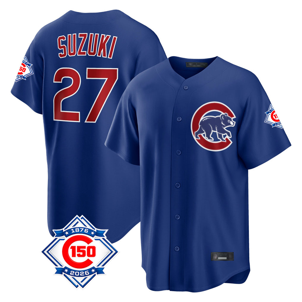 Chicago Cubs #27 Seiya Suzuki Player Royal BFRAILEY 150th Anniversary Home Game Stitched Jerseys