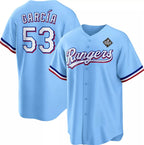 Texas Rangers #53 Adolis Garc¨ªa Blue BFRAILEY 2023 World Series Cool Base Stitched Jersey