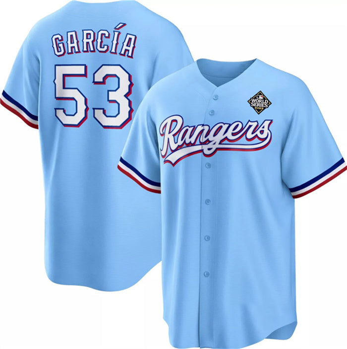 Texas Rangers #53 Adolis Garc¨ªa Blue BFRAILEY 2023 World Series Cool Base Stitched Jersey