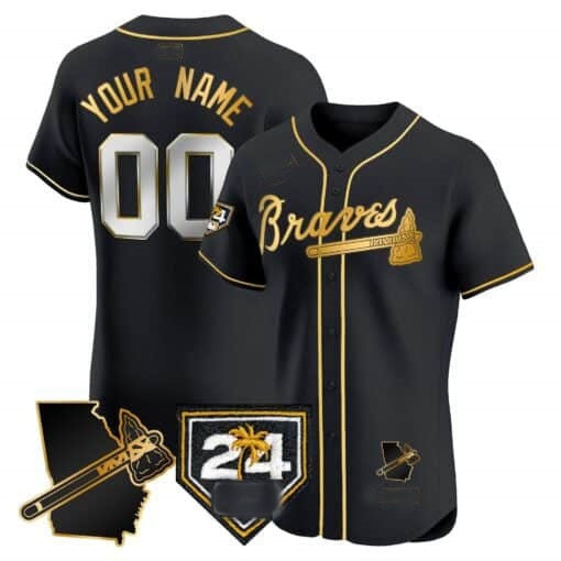 Custom Atlanta Braves 2024 Spring Training & Georgia Patch Vapor Premier Elite Jersey ¨C Black Gold BFRAILEY