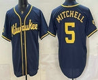 Milwaukee Brewers #5 Garrett Mitchell Navy Blue BFRAILEY Stitched Cool Base Jersey