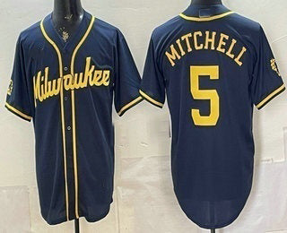 Milwaukee Brewers #5 Garrett Mitchell Navy Blue BFRAILEY Stitched Cool Base Jersey