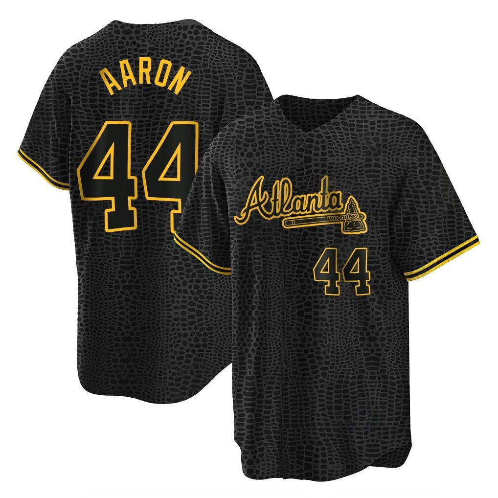 Atlanta Braves #44 Hank Aaron Player Black BFRAILEY Snake Skin City Home Game Stitched Jerseys
