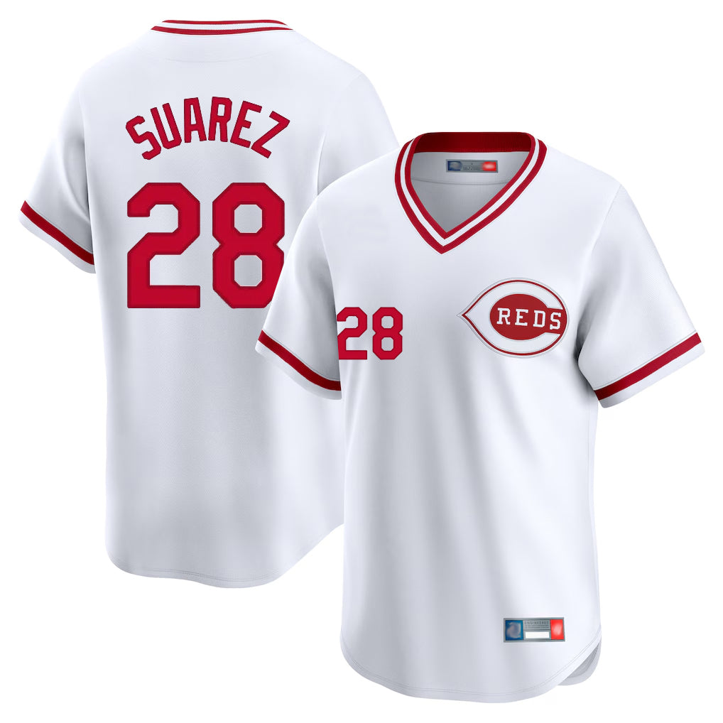 Cincinnati Reds #28 Eugenio Su¨¢rez Player White BFRAILEY Cooperstown Collection Limited T-shirt Home Stitched Jerseys