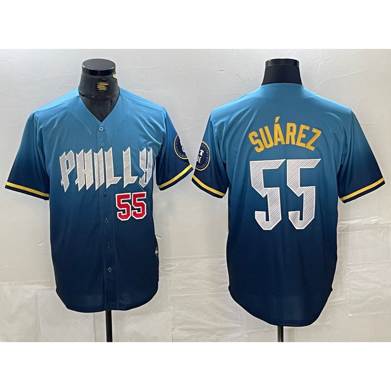 Philadelphia Phillies #55 Ranger Suarez Blue BFRAILEY 2024 City Player Number Cool Base Jerseys