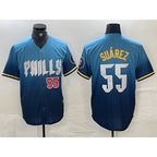 Philadelphia Phillies #55 Ranger Suarez Blue BFRAILEY 2024 City Player Number Cool Base Jerseys