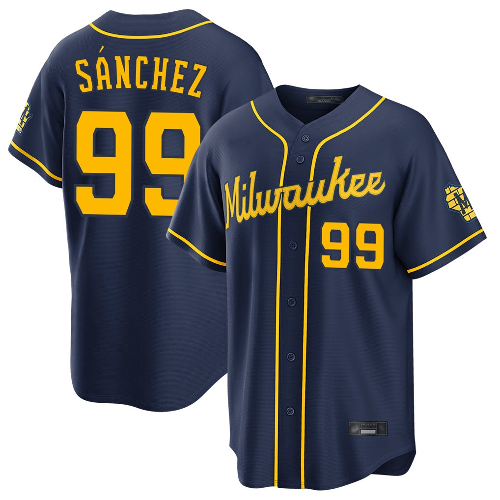 Milwaukee Brewers #99 Gary Sanchez Player Navy BFRAILEY Home Stadium Game Stitched Jerseys