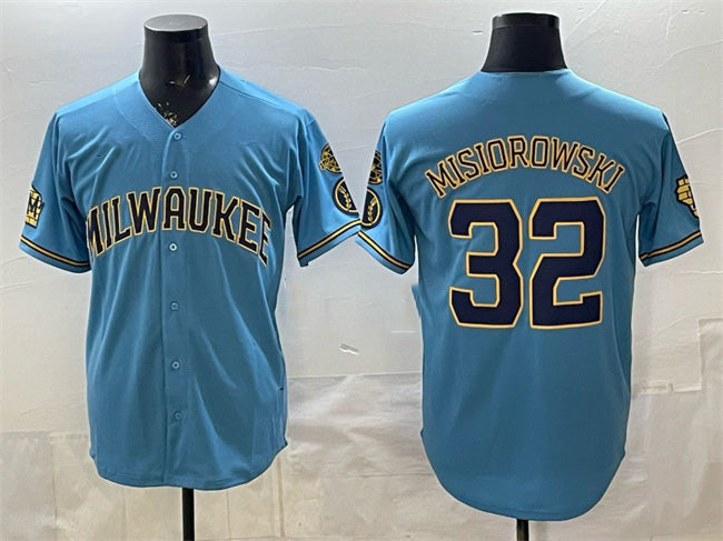 Milwaukee Brewers #32 Jacob Misiorowski Blue BFRAILEY With Home & Bob Uecker Patch Stitched Jersey