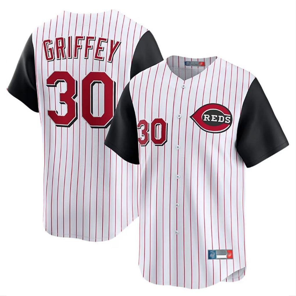 Cincinnati Reds #30 Ken Griffey Player White Black BFRAILEY Stripe Field of Dreams Game Home Stitched Jerseys