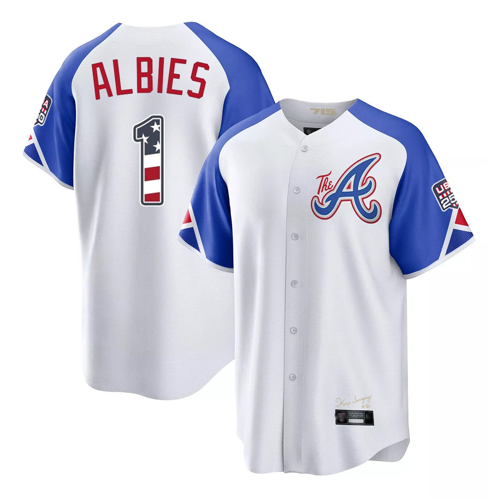 Atlanta Braves #1 Ozzie Albies Player White BFRAILEY USA 250 Fourth Of July City Connect Home Game Stitched Jerseys