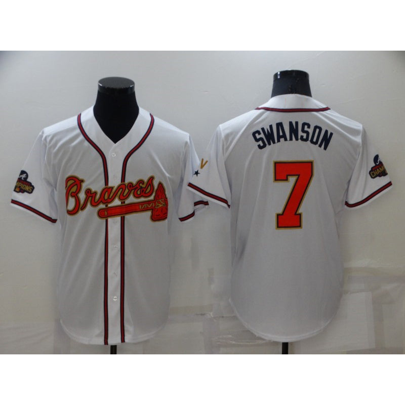 Atlanta Braves#7 Dansby Swanson 2022 White BFRAILEY Gold World Series Champions Program Cool Base Stitched Jersey