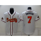 Atlanta Braves#7 Dansby Swanson 2022 White BFRAILEY Gold World Series Champions Program Cool Base Stitched Jersey