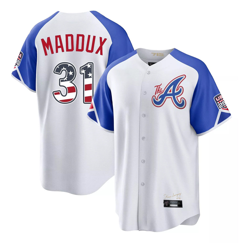 Atlanta Braves #31 Greg Maddux Player White BFRAILEY USA 250 Fourth Of July City Connect Home Game Stitched Jerseys