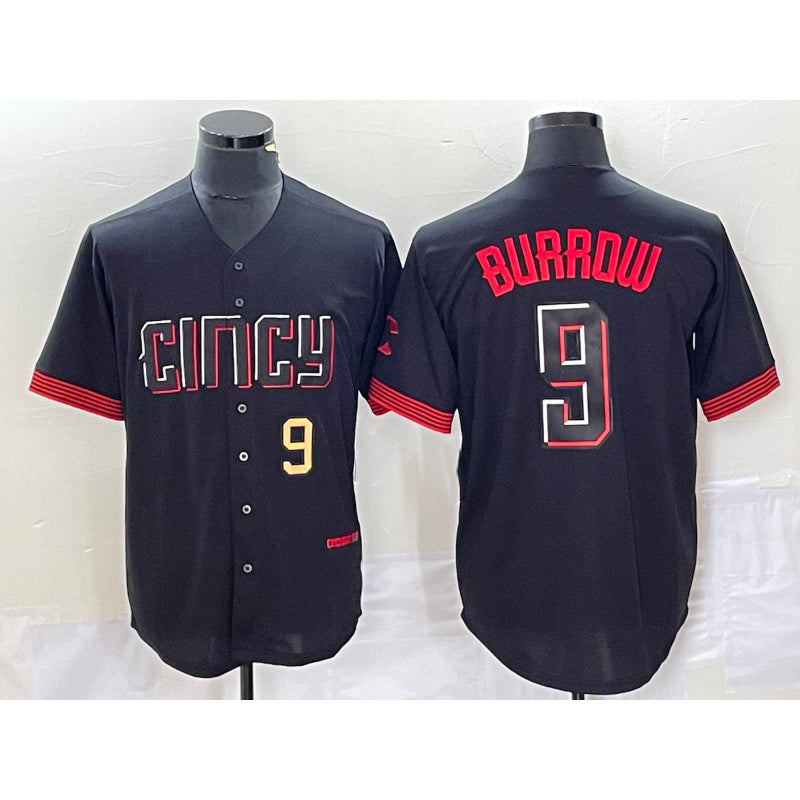 Cincinnati Reds #9 Joe Burrow Number Black BFRAILEY 2023 City Connect Cool Base Stitched Jersey 2