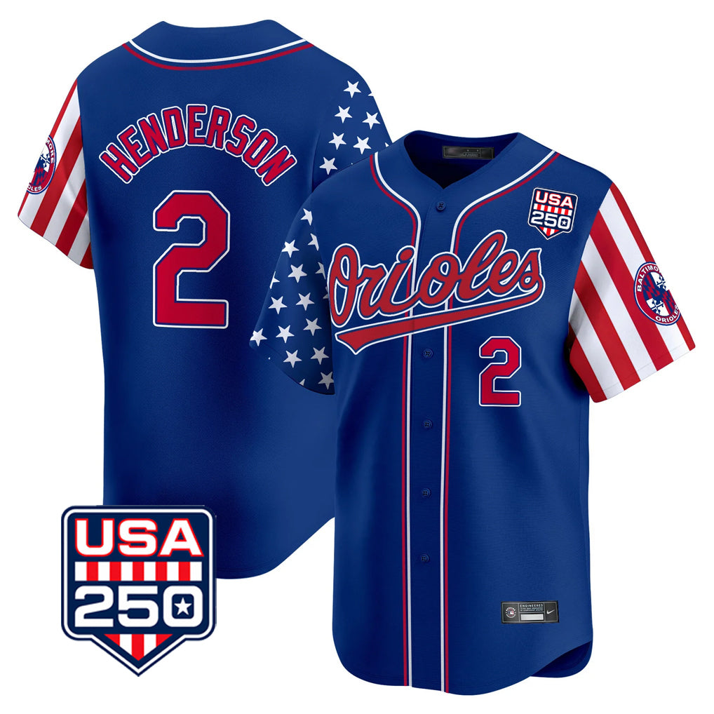 Baltimore Orioles #2 Gunnar Henderson Player Royal BFRAILEY USA 250 Independence Day Vapor Premier Limited Home Game Stitched Jerseys