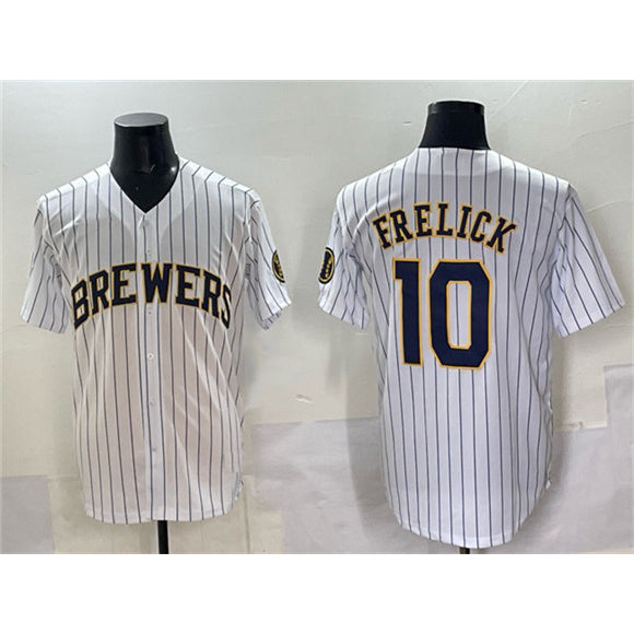 Milwaukee Brewers #10 Sal Frelick White BFRAILEY Pinstripe 2025 With Patch Stitched Jersey