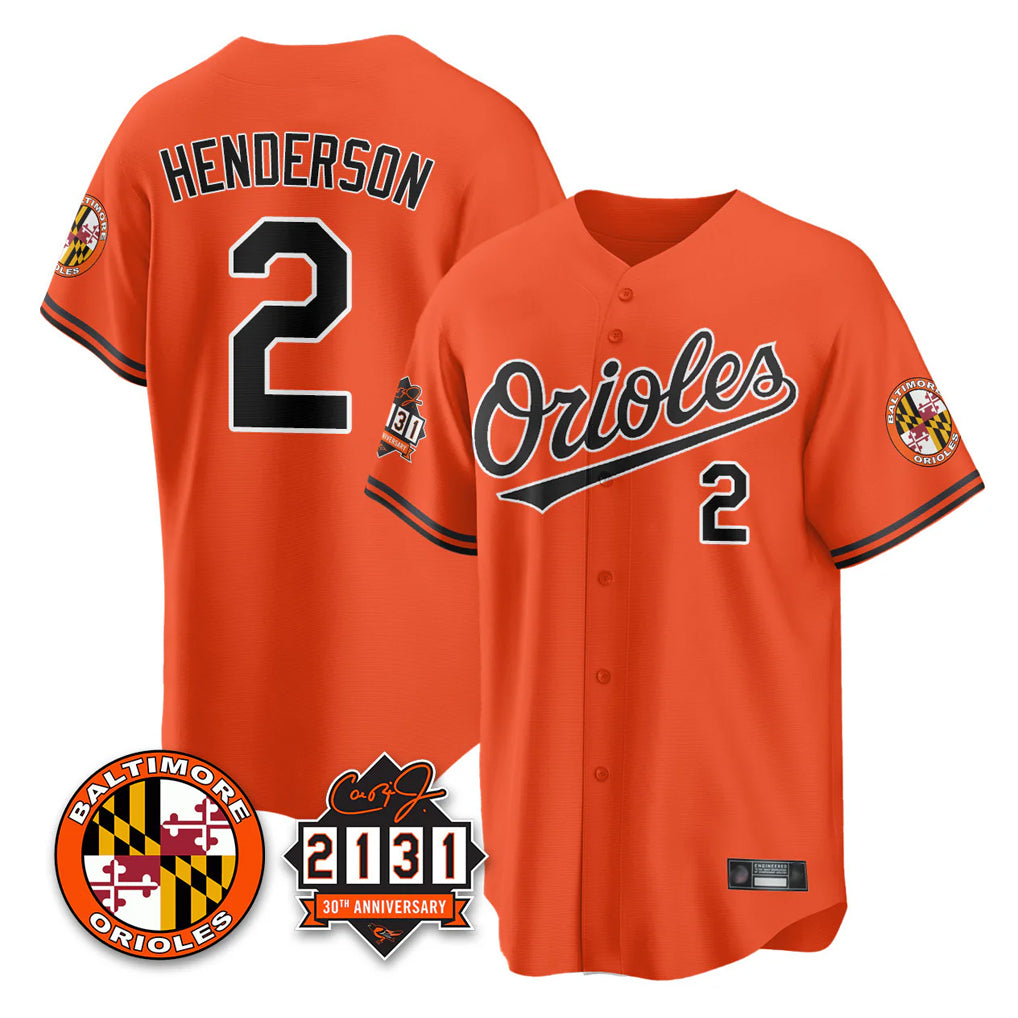 Baltimore Orioles #2 Gunnar Henderson Player Orange BFRAILEY 30th Anniversary of 2131 Home Game Stitched Jerseys