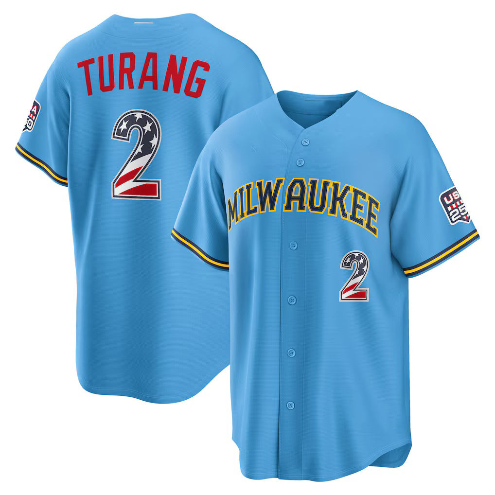 Milwaukee Brewers #2 Brice Turang USA 250 Fourth of July Road Stadium Jersey - Light Blue BFRAILEY