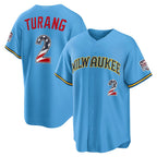 Milwaukee Brewers #2 Brice Turang USA 250 Fourth of July Road Stadium Jersey - Light Blue BFRAILEY