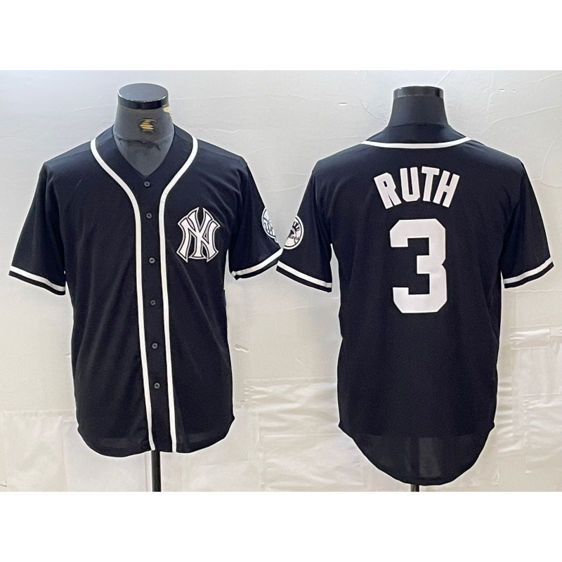 New York Yankees #3 Babe Ruth Black White BFRAILEY Cool Base Stitched Jersey