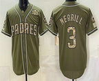 San Diego Padres #3 Jackson Merrill Olive BFRAILEY 2026 Armed Forces Day Jersey
