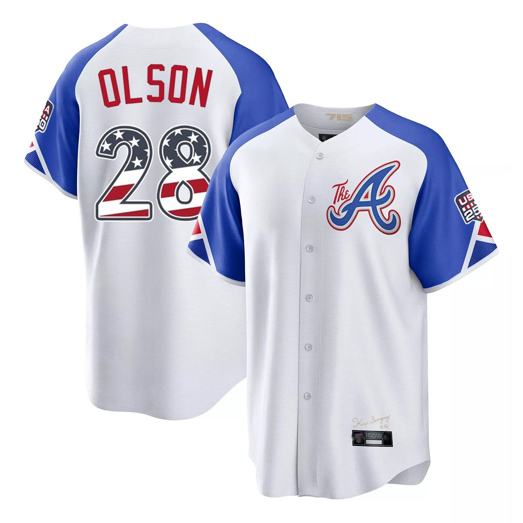 Atlanta Braves #28 Matt Olson Player White BFRAILEY USA 250 Fourth Of July City Connect Home Game Stitched Jerseys
