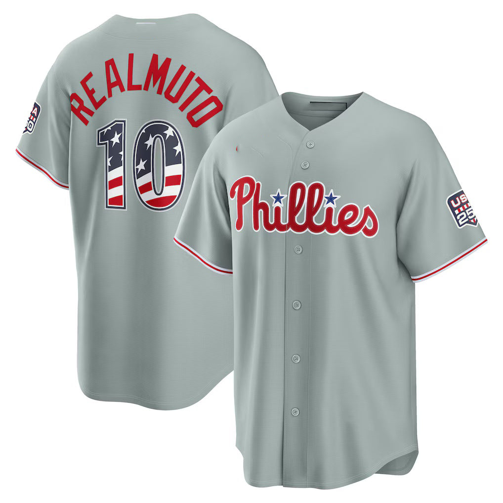 Philadelphia Phillies #10 J.T. Realmuto USA 250 Fourth of July Road Stadium Jersey - Gray BFRAILEY