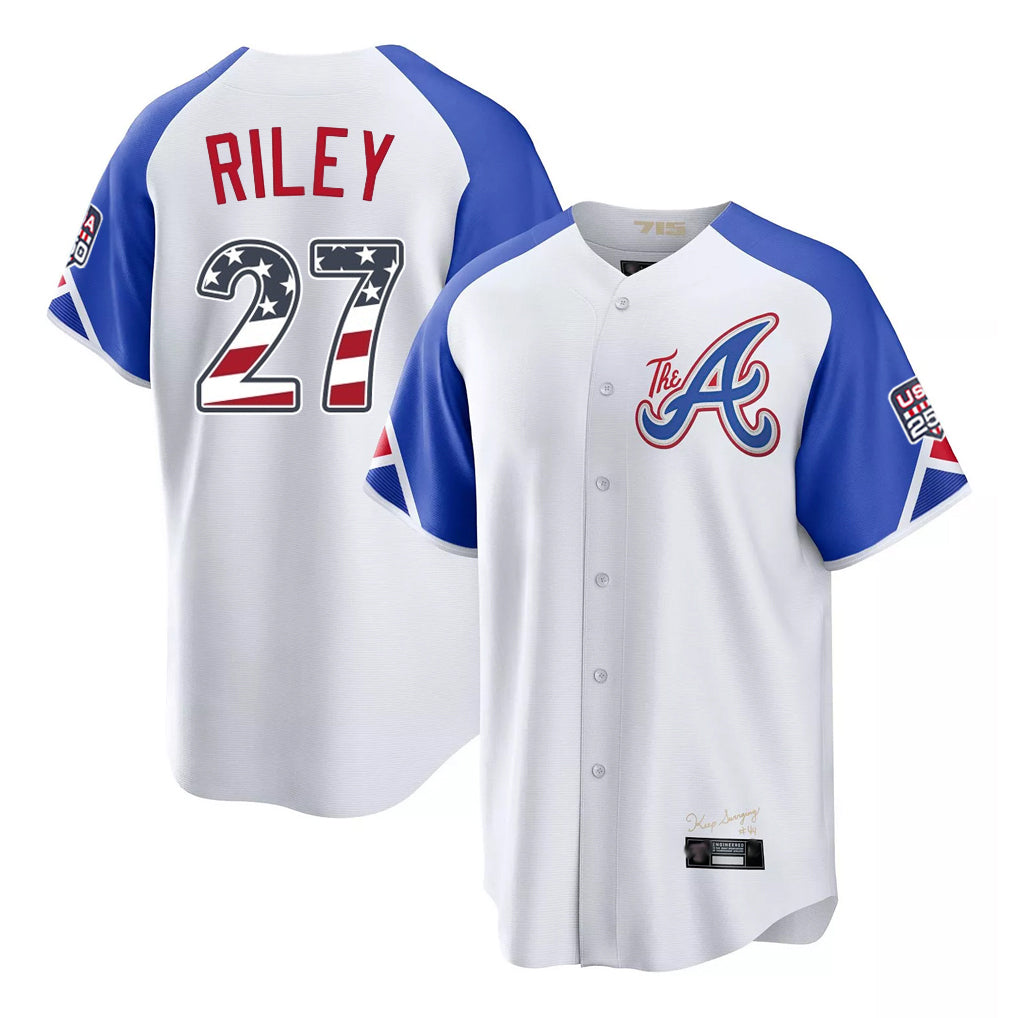 Atlanta Braves #27 Austin Riley Player White BFRAILEY USA 250 Fourth Of July City Connect Home Game Stitched Jerseys