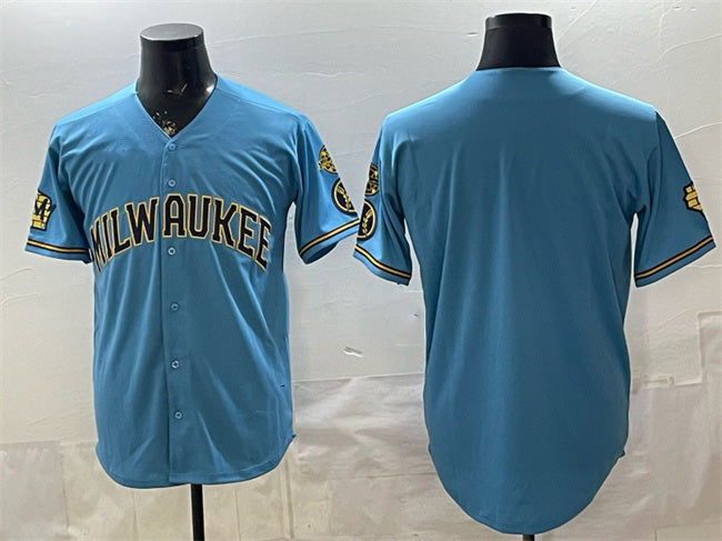 Milwaukee Brewers Blank Blue BFRAILEY With Home & Bob Uecker Patch Stitched Jersey