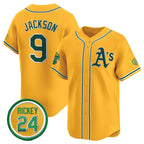 Oakland Athletics #9 Reggie Jackson Yellow BFRAILEY 2024 Limited With Rickey Henderson Patch Stitched Jersey