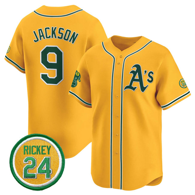 Oakland Athletics #9 Reggie Jackson Yellow BFRAILEY 2024 Limited With Rickey Henderson Patch Stitched Jersey