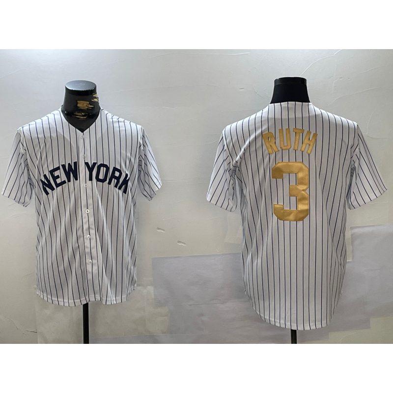 New York Yankees #3 Babe Ruth White BFRAILEY Pinstripe Fashion Cool Base Jersey 2