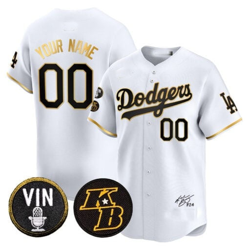 Custom Los Angeles Dodgers Vin Patch & Kobe Bryant Signature Vapor Premier Limited Jersey ¨C White Gold BFRAILEY