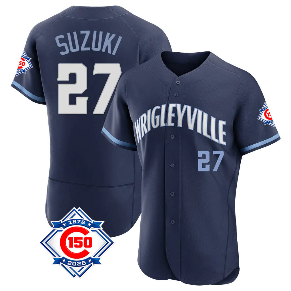 Chicago Cubs #27 Seiya Suzuki Player Navy BFRAILEY City Connect 150th Anniversary Limited Elite Home Stitched Jerseys