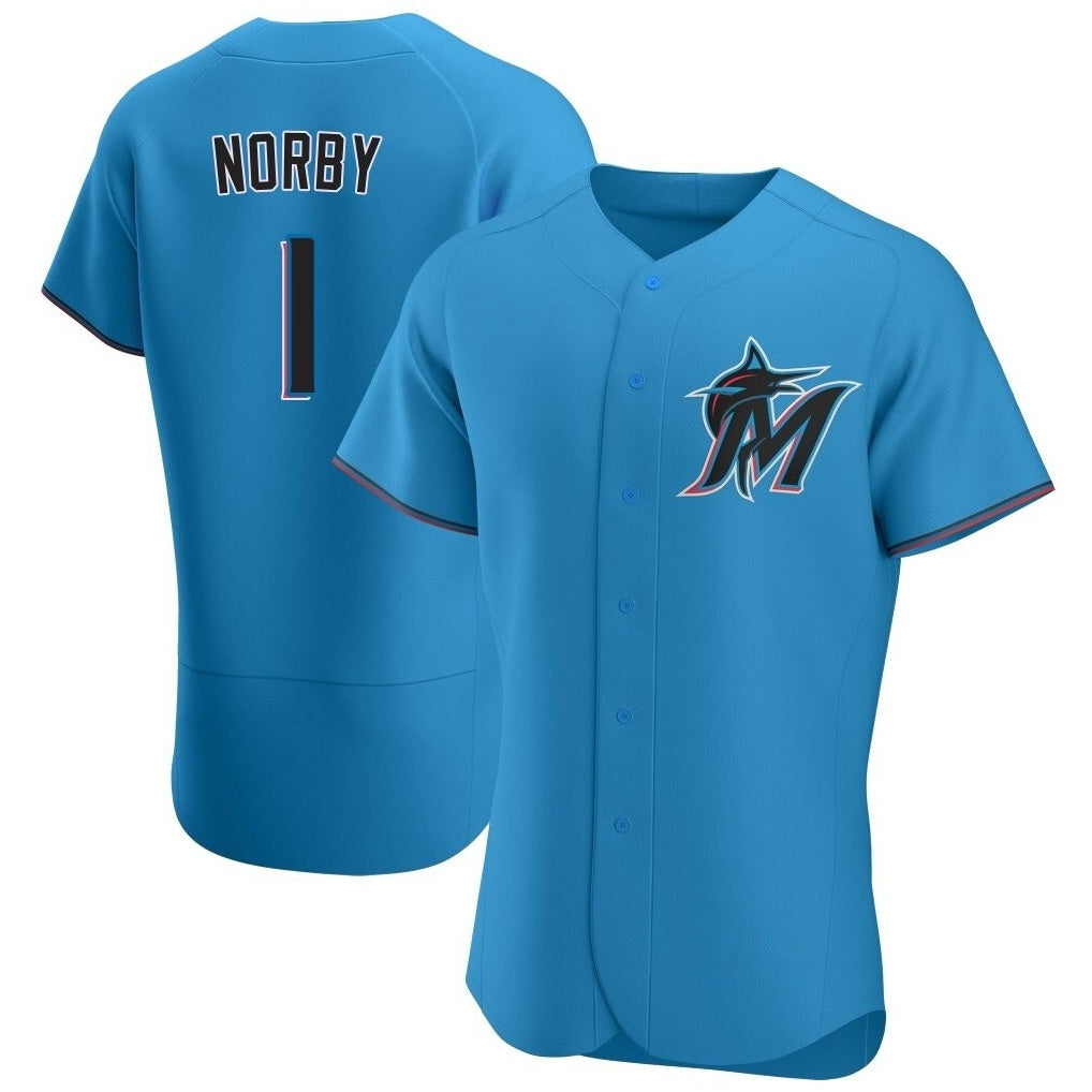 Miami Marlins #1 Connor Norby Player Blue BFRAILEY Home Limited Elite Stitched Jerseys