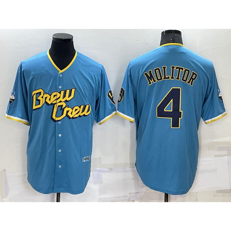 Milwaukee Brewers #4 Paul Molitor Blue BFRAILEY 2022 City Connect Cool Base Stitched Jersey
