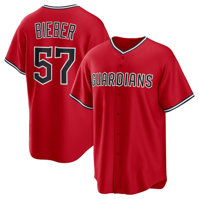 Cleveland Guardians #57 Shane Bieber Red BFRAILEY Cool Base Stitched Jersey