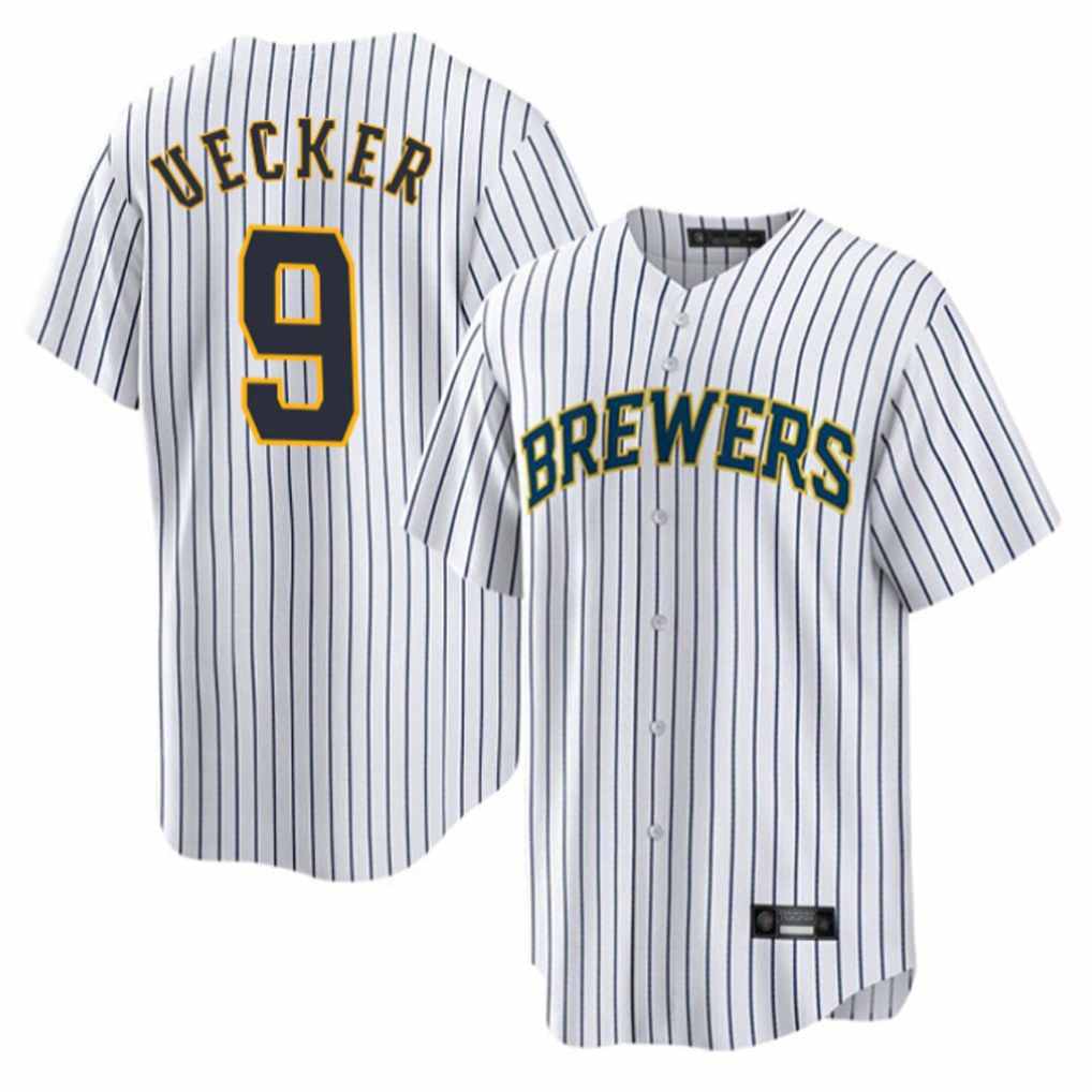 Milwaukee Brewers #9 Bob Uecker Player White BFRAILEY Stripes Home Game Stitched Jerseys