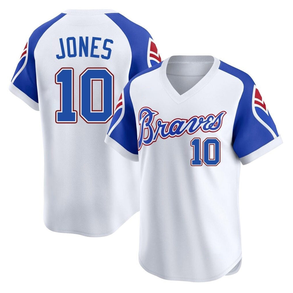 Atlanta Braves #10 Chipper Jones Player White BFRAILEY Throwback Cooperstown Collection T-shirt Game Stitched Jerseys