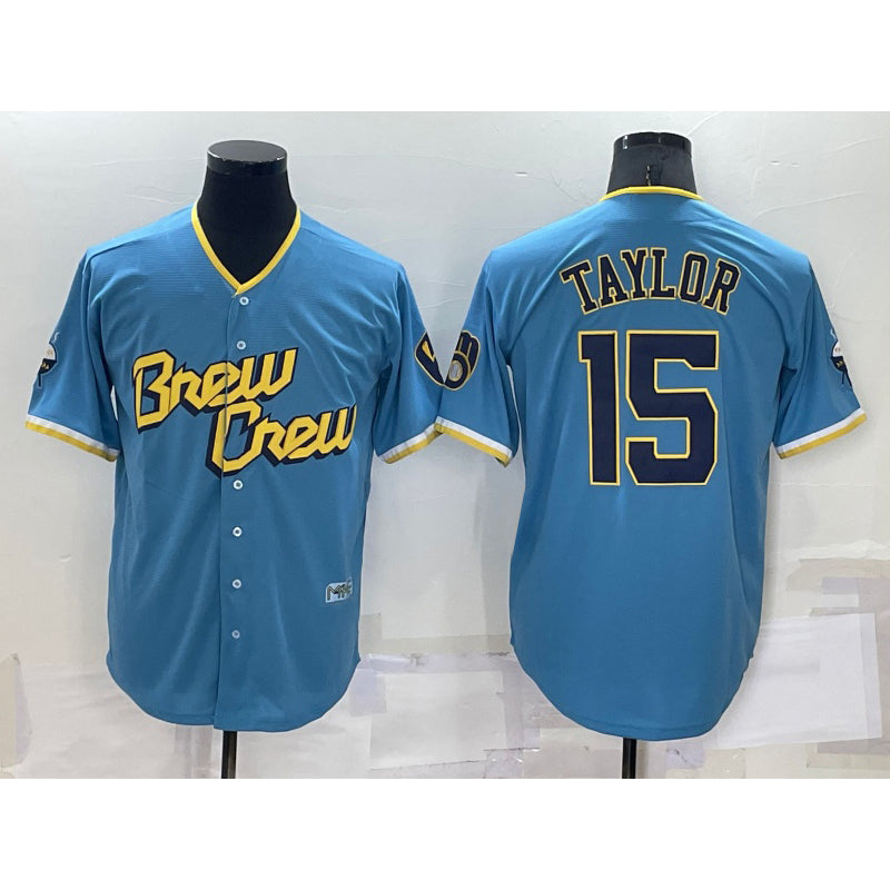 Milwaukee Brewers #15 Tyrone Taylor Blue BFRAILEY 2022 City Connect Cool Base Stitched Jersey